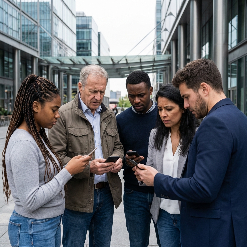 A group of diverse people in a modern city looking concerned while checking their smartphones, natural lighting, lifestyle photography, 1:1