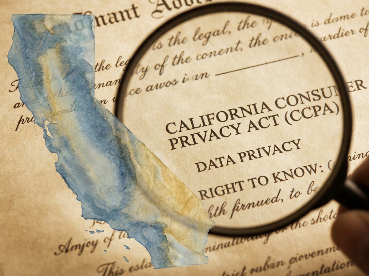 A close up of a legal document focusing on privacy law terms with a subtle map of California in the background, artistic rendering, 4:3
