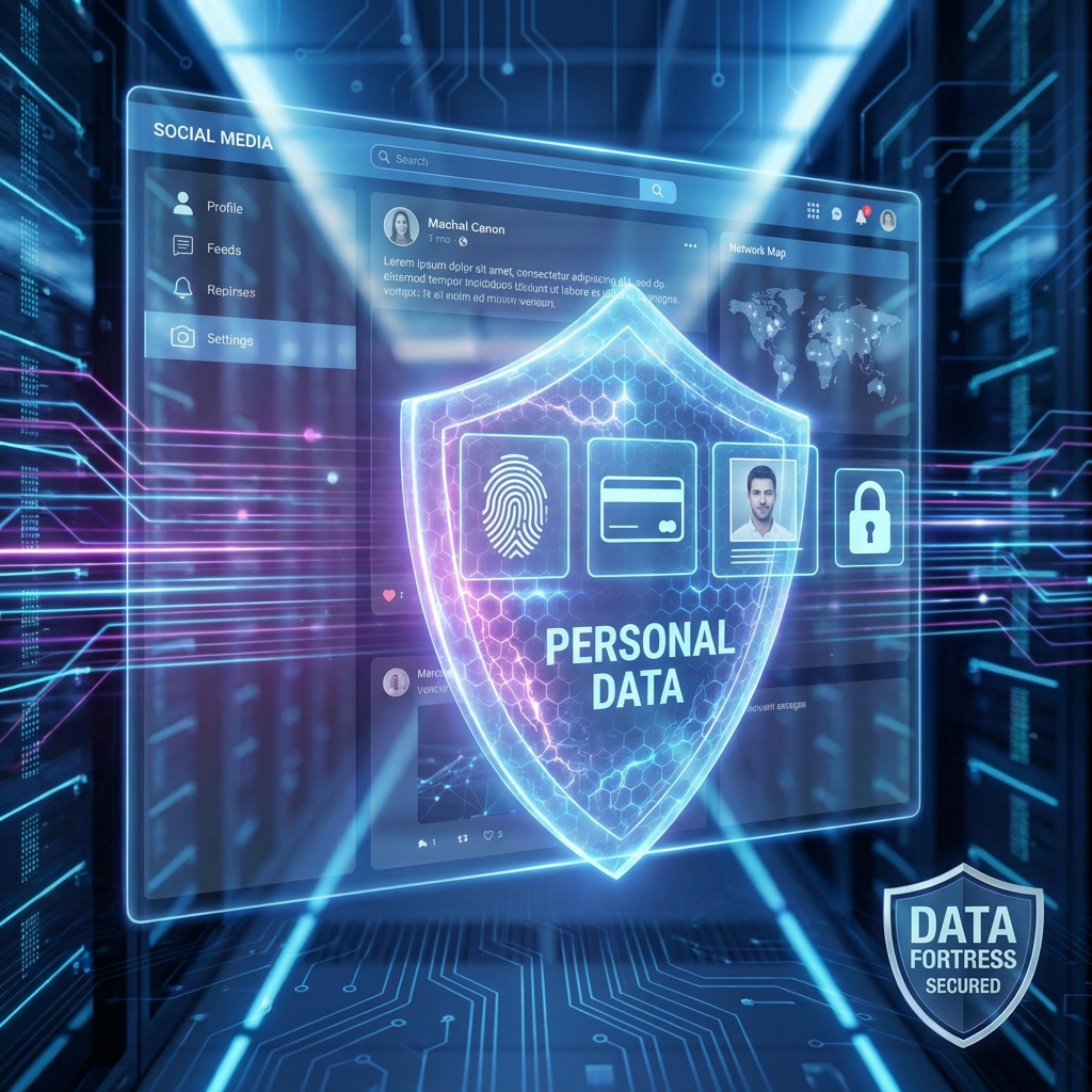 A glowing digital shield protecting personal data icons on a social media interface background, high-tech and secure atmosphere, 1:1