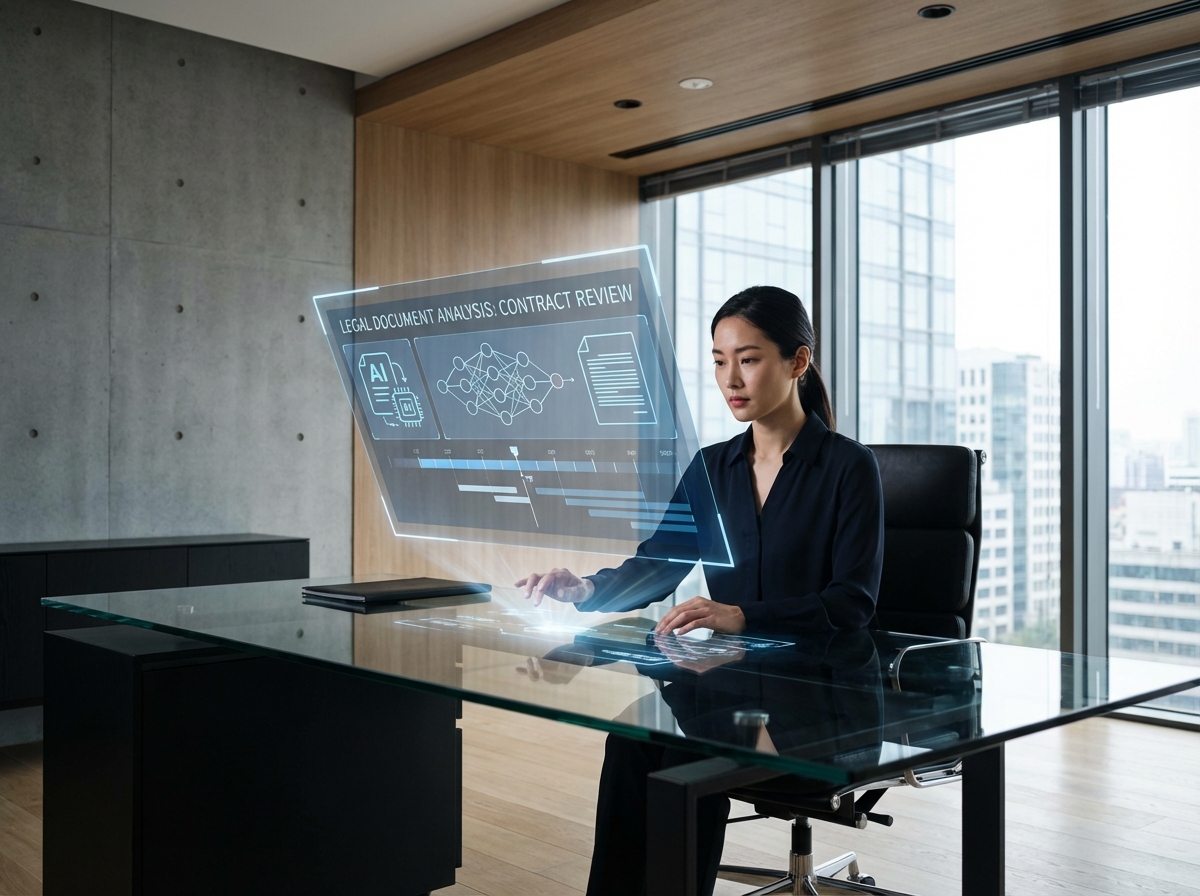A modern professional office setting where a digital interface showing legal document analysis and artificial intelligence concepts is integrated into a sleek glass desk. A professional person of Korean appearance is looking at a holographic display with a focused expression. High contrast and clean layout. 4:3