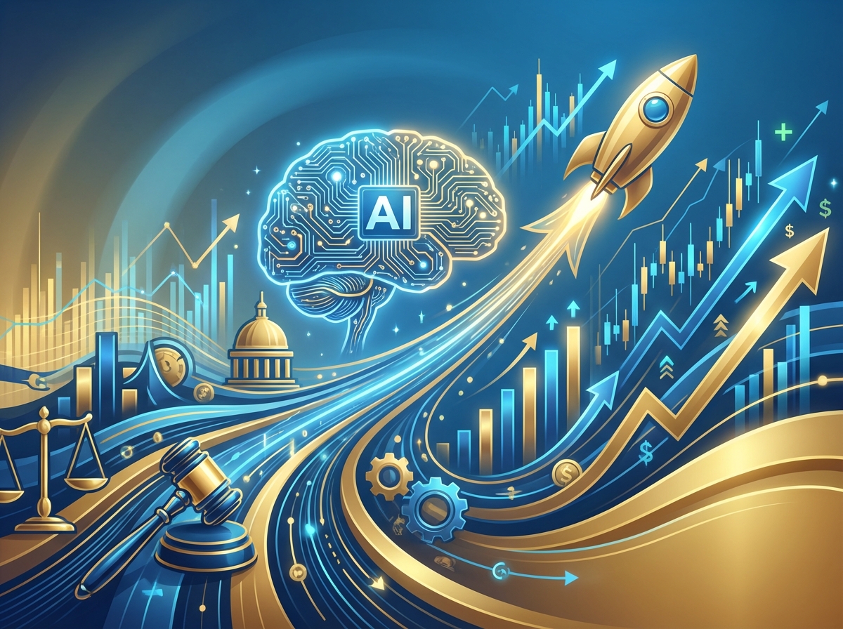 A conceptual illustration representing rapid corporate growth and financial success in the AI industry. Blue and gold gradient background with upward trending data lines and abstract legal symbols. No text. 4:3