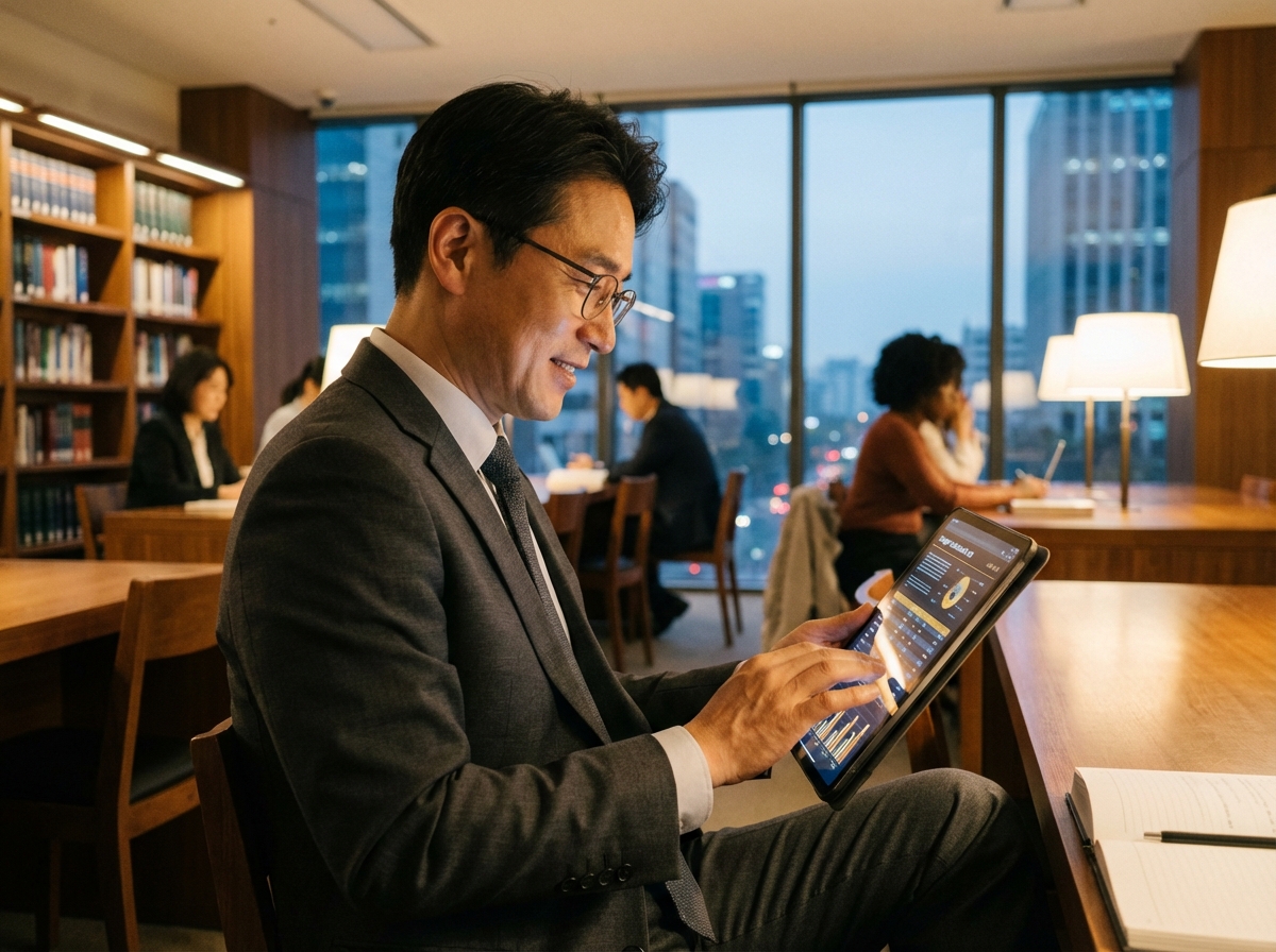 A professional person with Korean appearance in a business suit sitting in a modern law library, using a tablet to review legal data with light glowing from the screen. Realistic lifestyle photography with warm lighting. 4:3