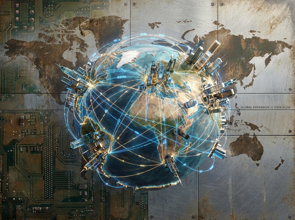 A detailed artistic rendering of a global network connecting different cities, symbolizing international expansion and data flow. Modern tech aesthetics with a textured background. 4:3