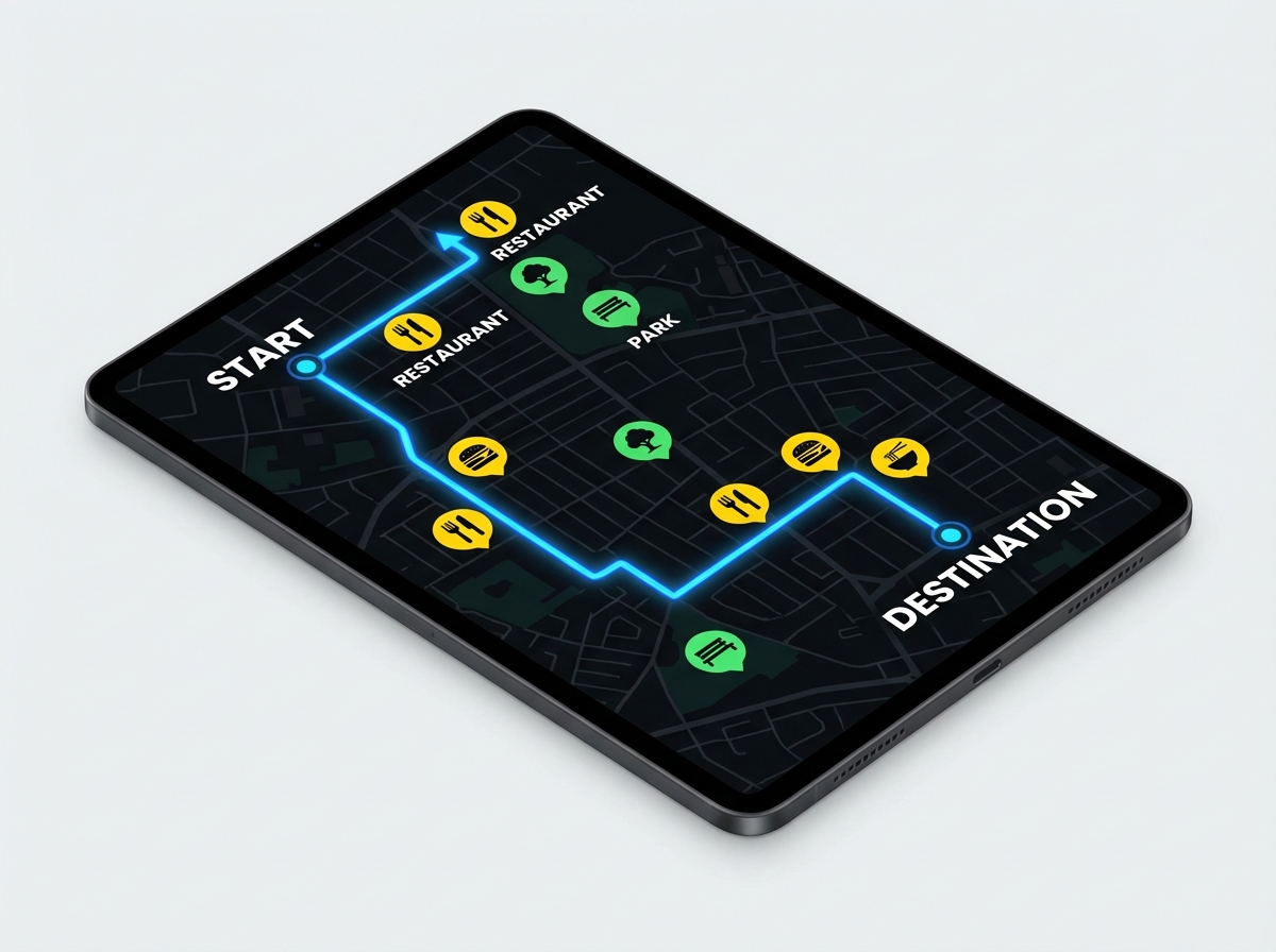 A digital map with a navigation route and various icons for restaurants and parks, high contrast infographic style, 4:3
