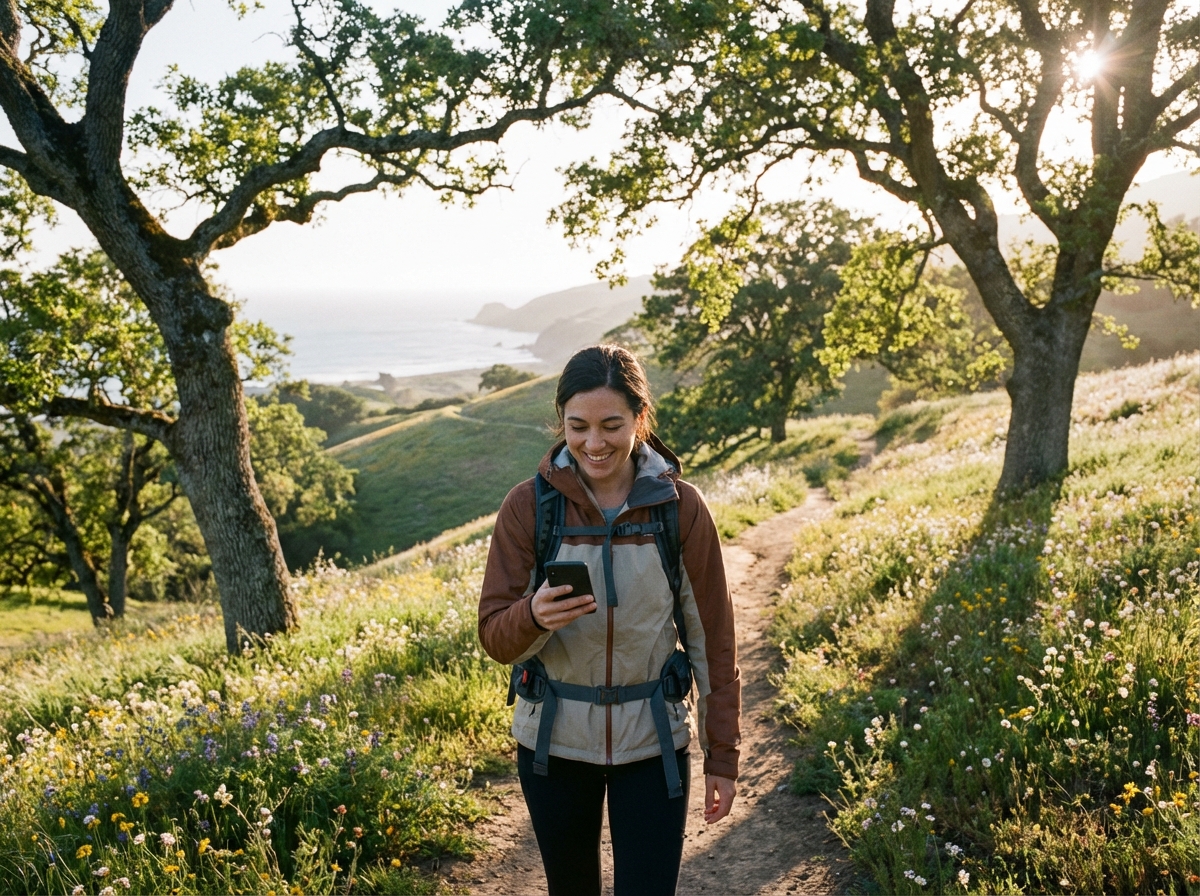 A person walking on a scenic path with a smartphone, realistic photography, natural sunlight, 4:3