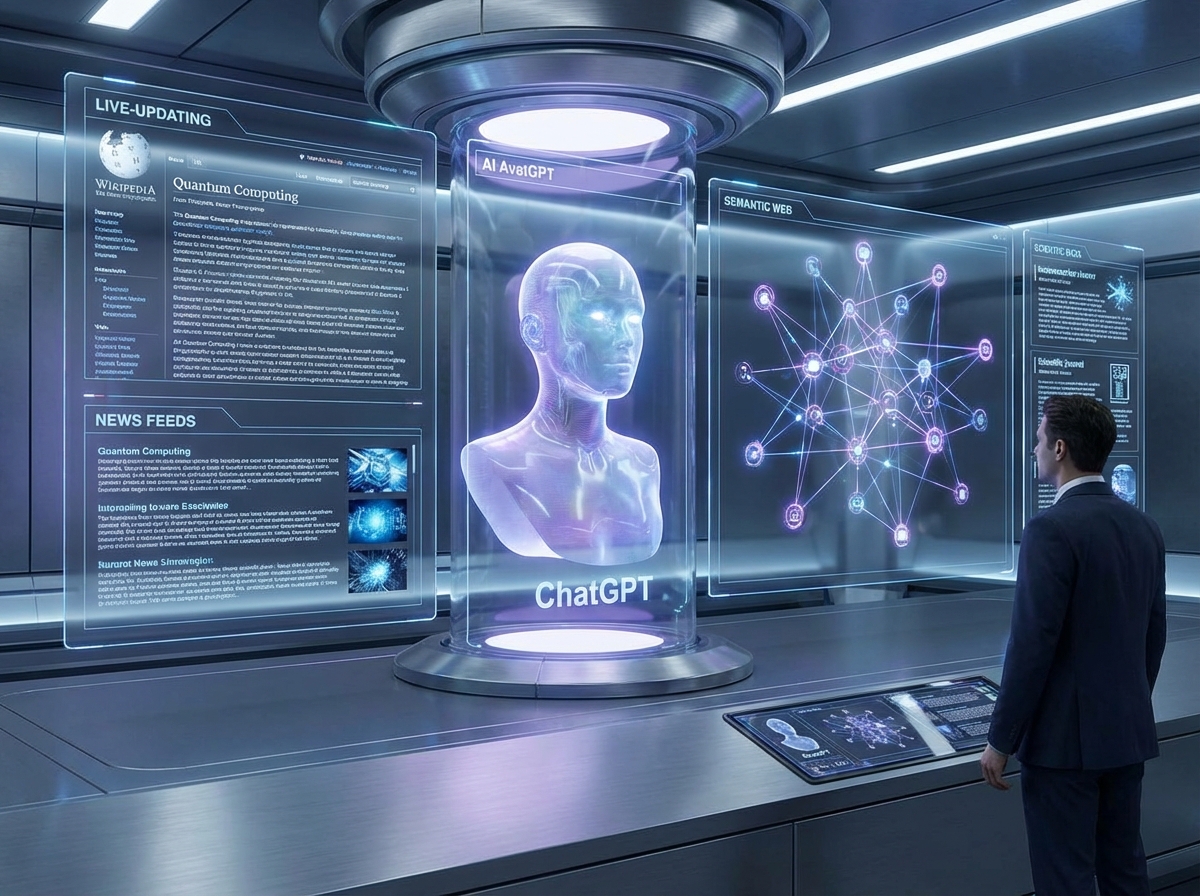 A futuristic digital interface showing a ChatGPT-like AI model analyzing multiple data sources including online encyclopedias, interconnected nodes representing information flow, high-tech and clean design, 4:3