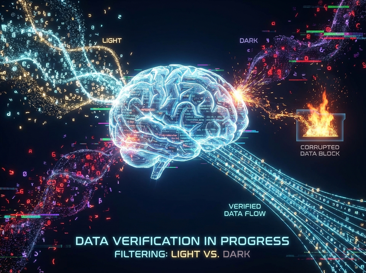 Digital illustration of an AI brain processing a chaotic stream of digital data, filtering light and dark information particles, conceptual representation of data verification, 4:3