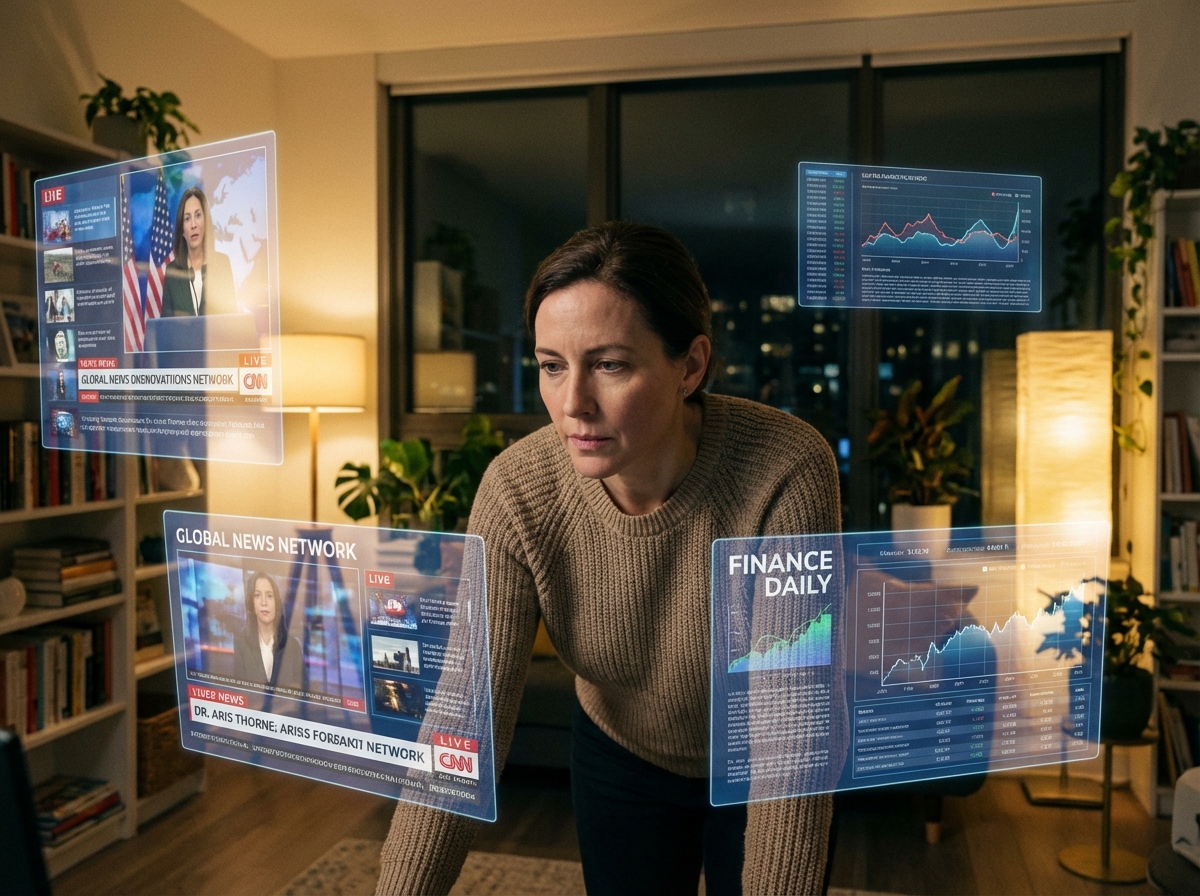 A person looking at multiple holographic screens showing different news sources and data charts, focused and analytical expression, modern home office setting, warm indoor lighting, 4:3