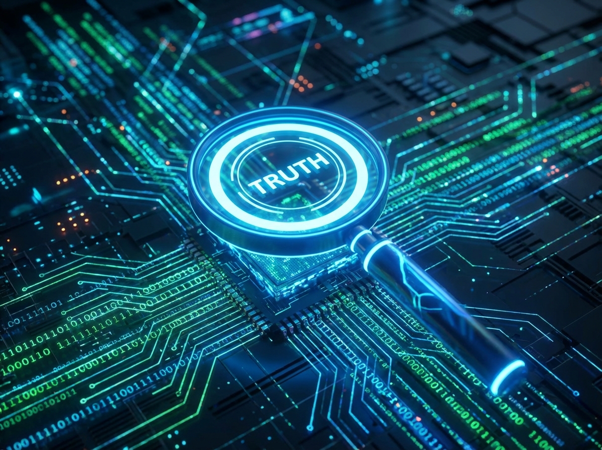 A glowing magnifying glass over a digital circuit board with binary codes, searching for truth in a complex network, futuristic and conceptual, 4:3