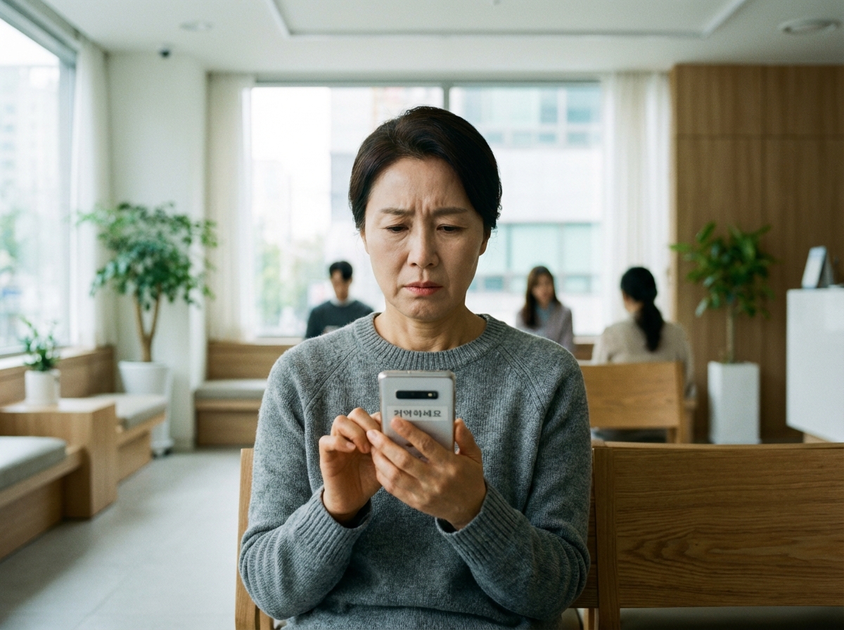 A Korean person looking at a smartphone screen with a concerned expression in a modern clinic waiting room, natural lighting, 4:3