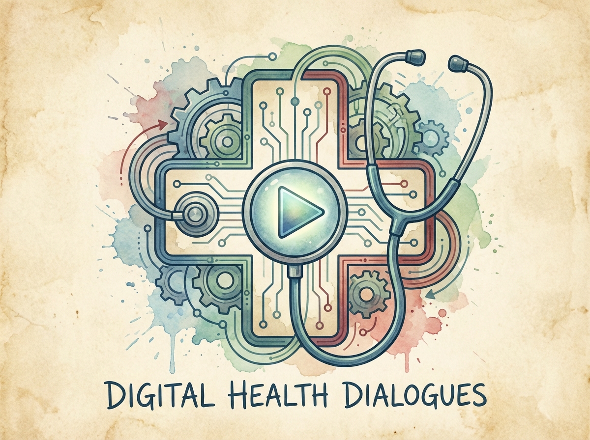 A creative illustration showing a video play button integrated with a medical stethoscope and cross symbol, conceptual art, 4:3