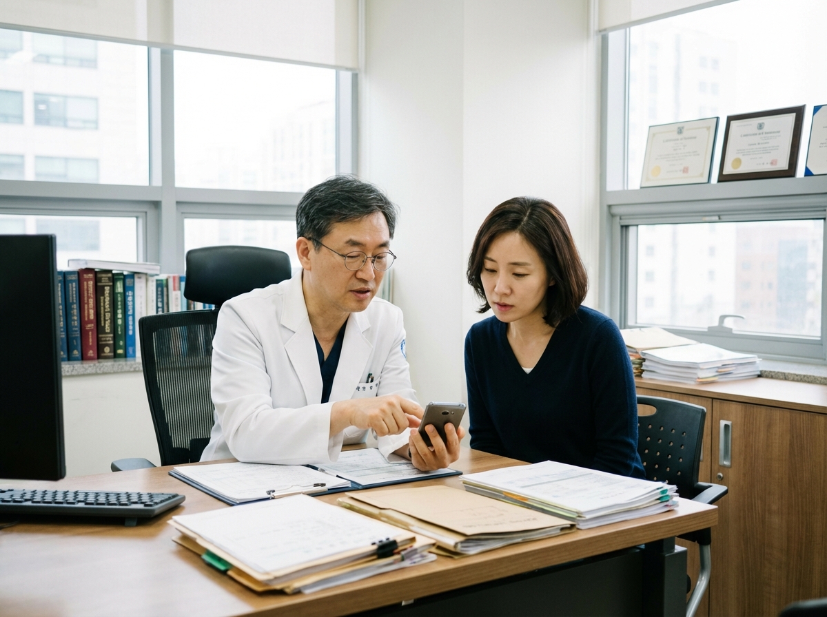A Korean doctor explaining medical results to a patient while looking at a smartphone screen together in a hospital office, realistic photography, 4:3