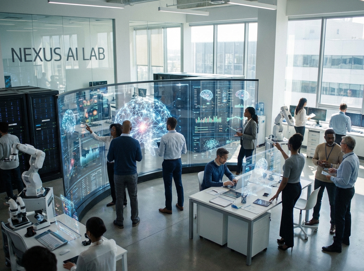 A professional and clean high-tech AI research laboratory setting. Diverse engineers are collaborating in front of large screens displaying complex neural networks and data visualizations. The atmosphere is bright and modern. 4:3