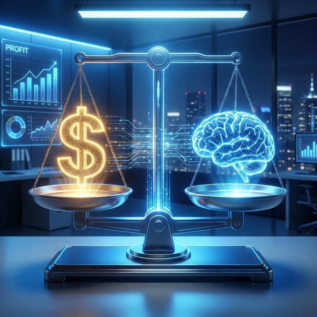 A conceptual illustration representing AI profitability. A digital scale balancing a golden dollar sign and a glowing neural network brain icon. Modern office background with high contrast and blue lighting. 1:1