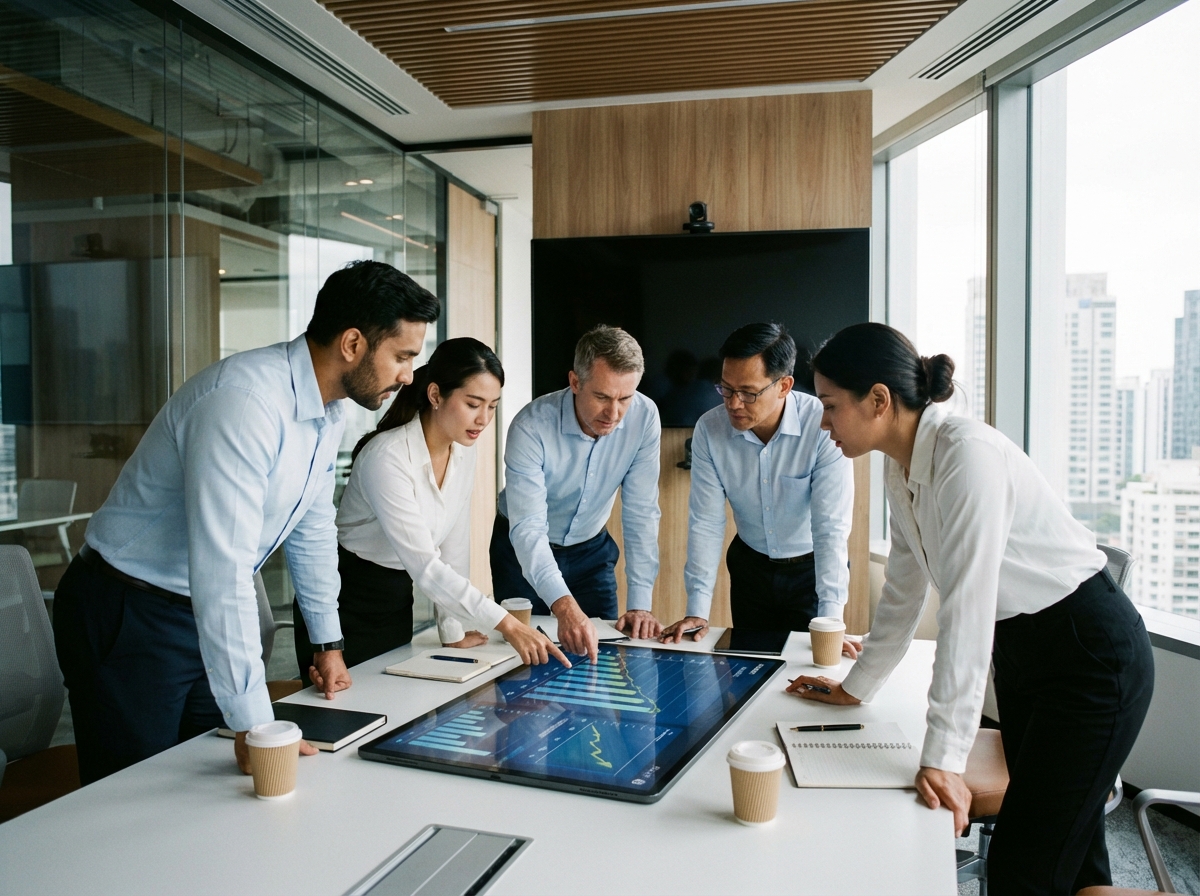 A group of professional business executives in a modern conference room looking at a digital tablet with growth charts. The scene conveys a sense of strategic planning and decision making. Realistic photography. 4:3