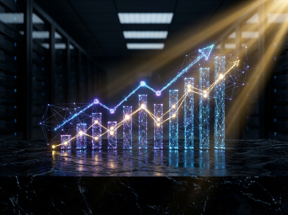 A glowing digital growth chart with interconnected neural network nodes on a dark textured background. High contrast cinematic lighting representing future success and financial growth. 4:3