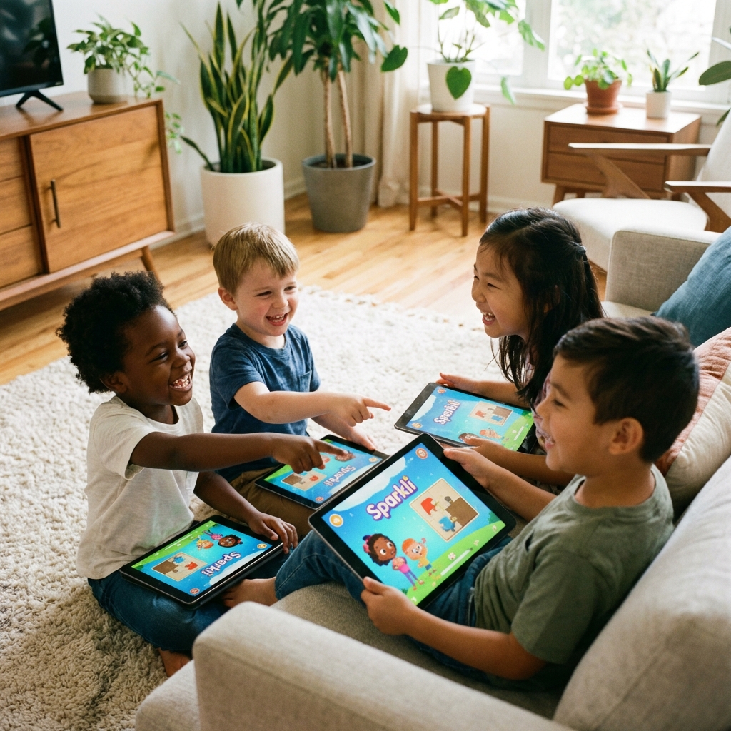 A diverse group of young children sitting in a modern living room and enthusiastically interacting with a colorful Sparkli educational application on tablets. The lighting is warm and natural. The children look engaged and happy. High-quality lifestyle photography style. 1:1