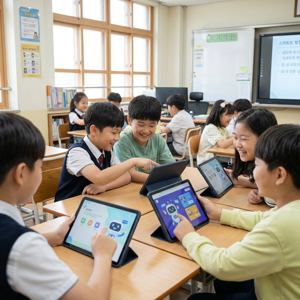 A group of Korean elementary school students sitting in a bright classroom and using tablets for an AI-powered lesson. They are smiling and discussing content together. Realistic photography with soft focus in the background. 1:1