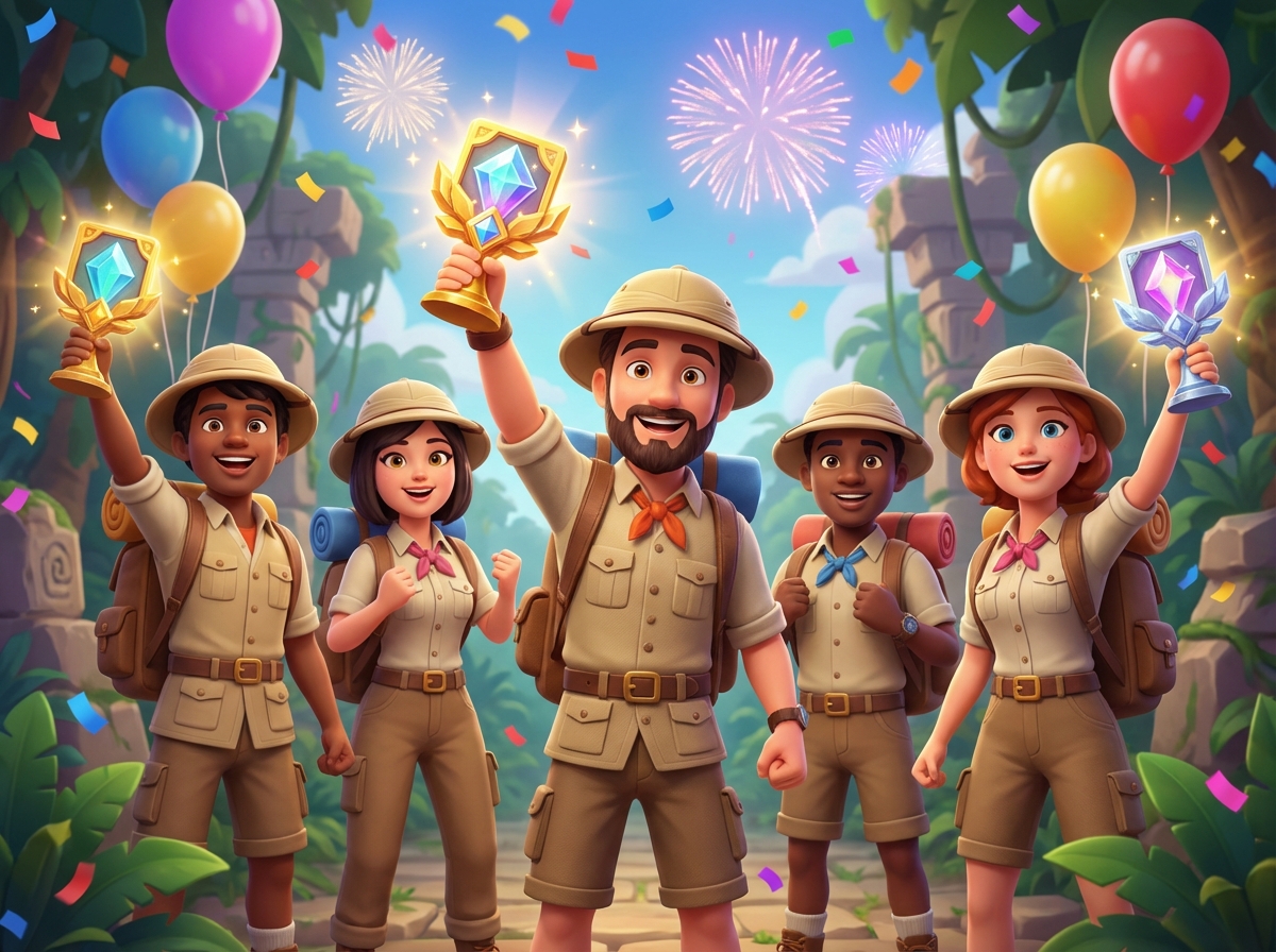 A group of friendly and cute 3D avatar characters wearing explorer outfits and holding trophy-like quest cards. Colorful and vibrant background with a celebratory atmosphere. Detailed composition without any text. 4:3