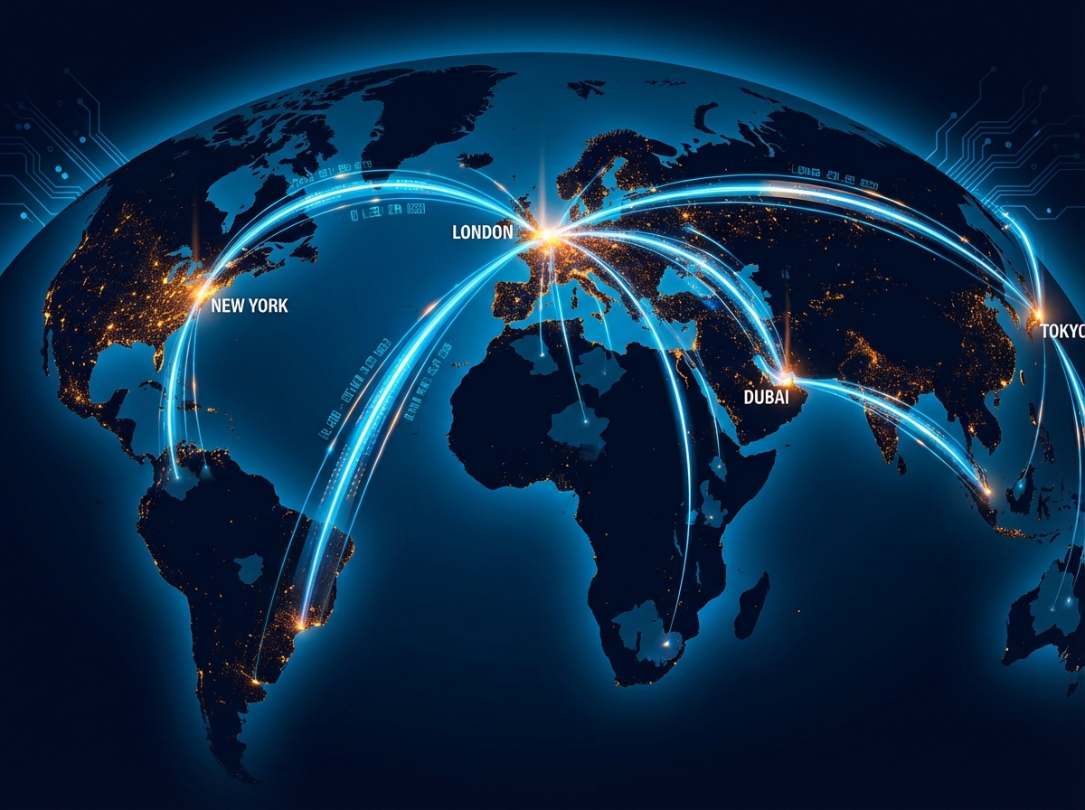A conceptual illustration of digital data streams connecting major world cities while bypassing smaller regional areas, high contrast blue and orange tones, 4:3