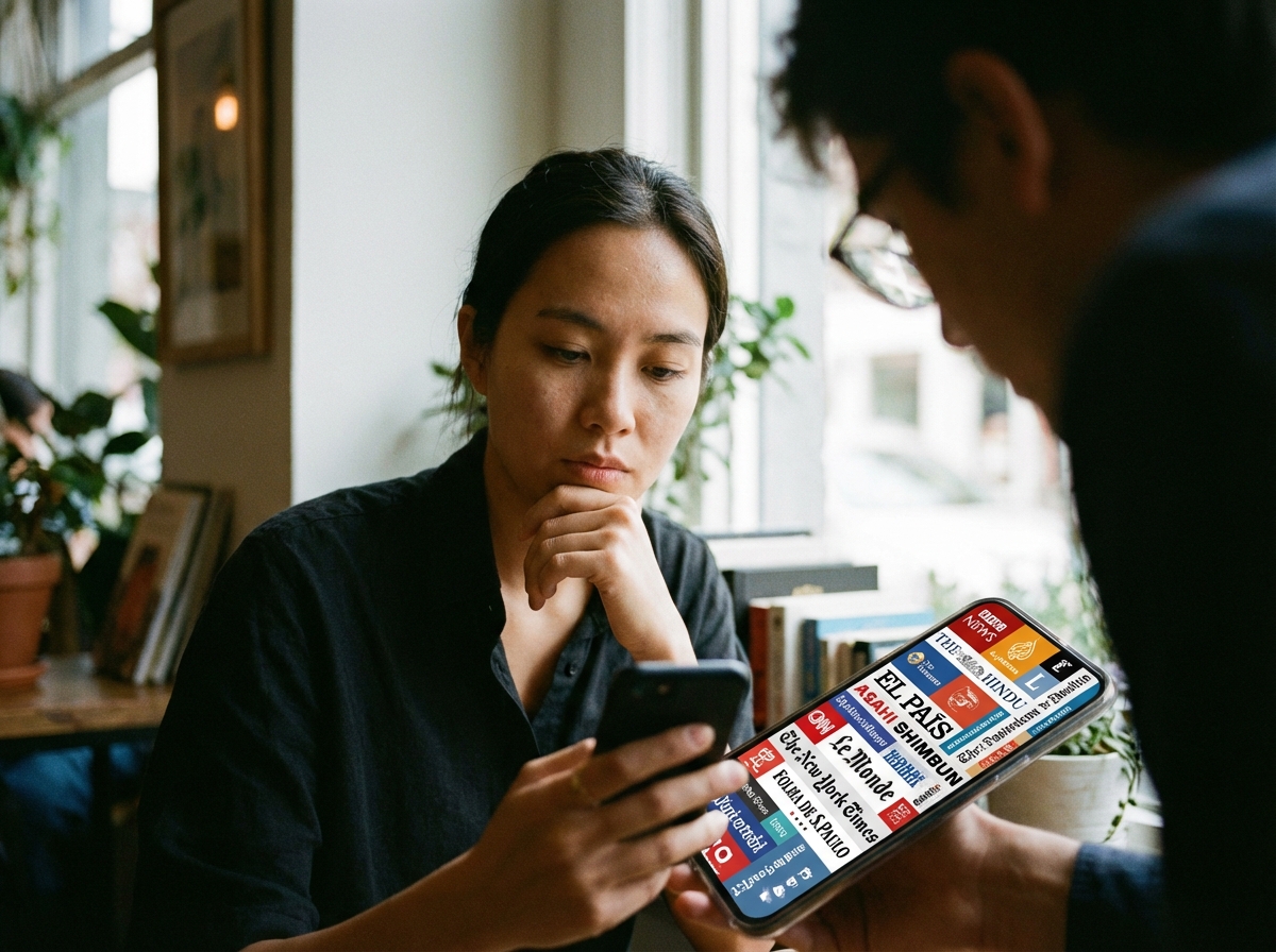 A person looking at a smartphone screen displaying a variety of diverse news logos and headlines from different countries, natural indoor lighting, 4:3
