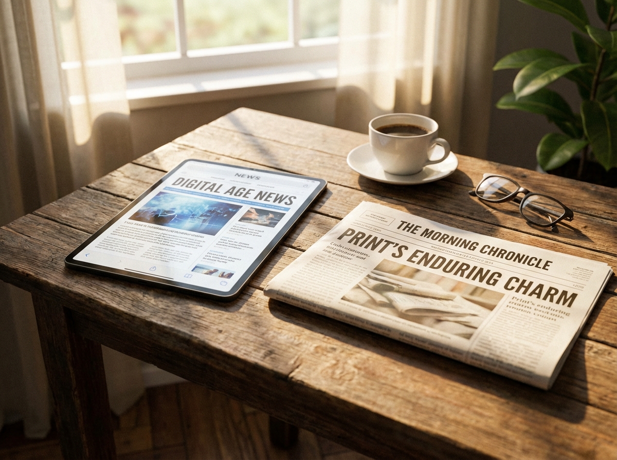 A detailed composition showing a digital tablet and a traditional newspaper side by side on a wooden desk, soft morning sunlight, 4:3
