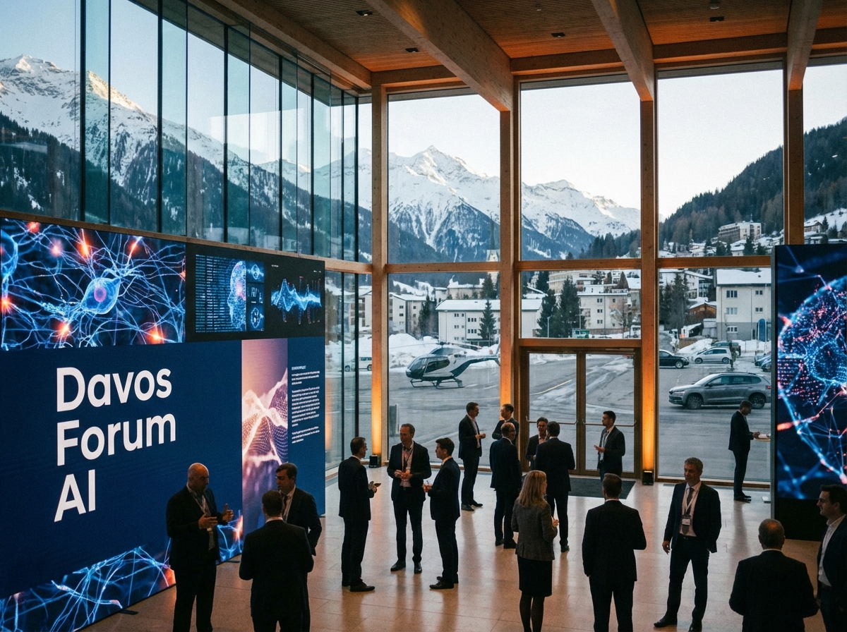 A high-powered technology conference atmosphere in Davos Switzerland with modern architectural elements, digital displays showing AI neural networks, snow-capped mountains in the background, cinematic lighting, professional and sophisticated mood, Davos Forum AI theme. 4:3