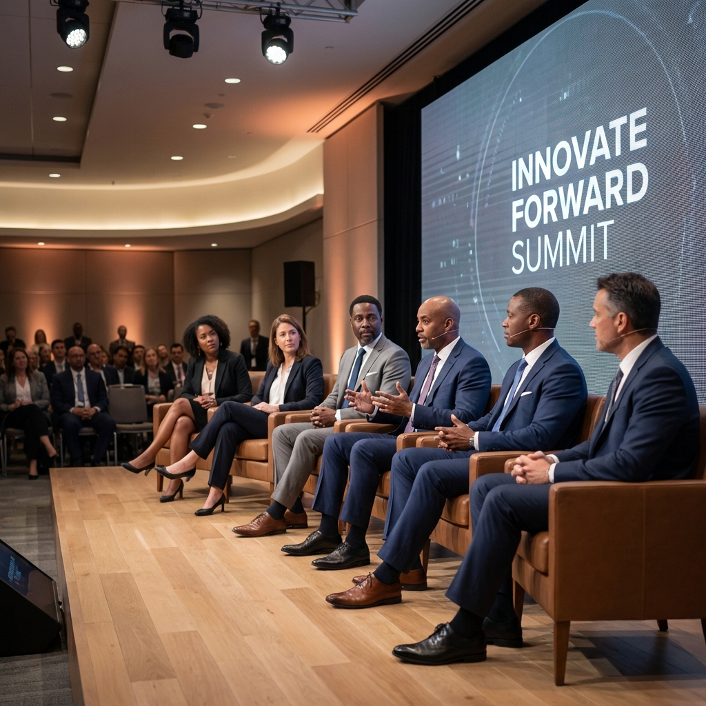 Diverse group of tech CEOs in business suits sitting on a stage having a serious discussion, modern conference hall interior, soft professional lighting, focused expressions, high-end corporate photography style. 1:1
