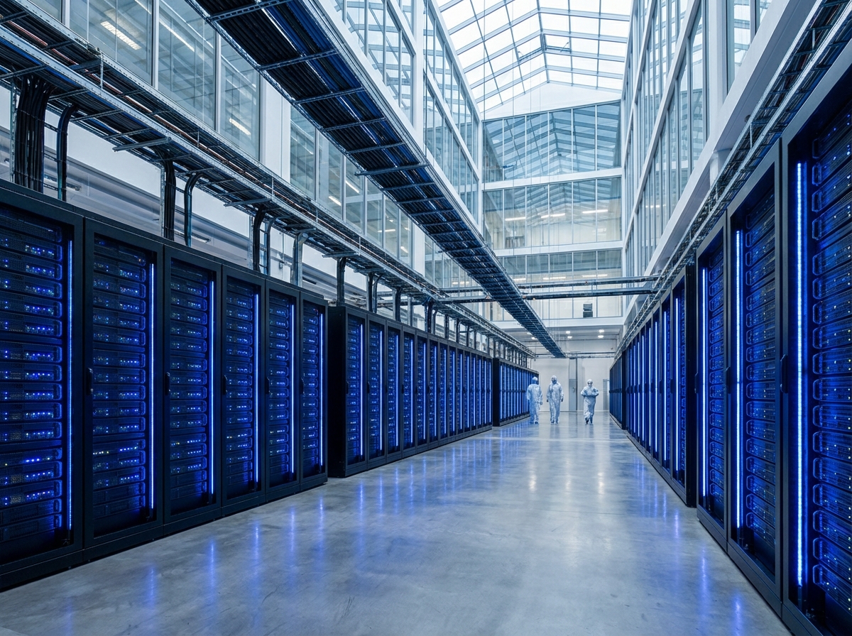 Interior of a massive modern AI data center with glowing blue lights on server racks, perspective view showing depth and scale, high tech infrastructure, clean and organized environment. 4:3