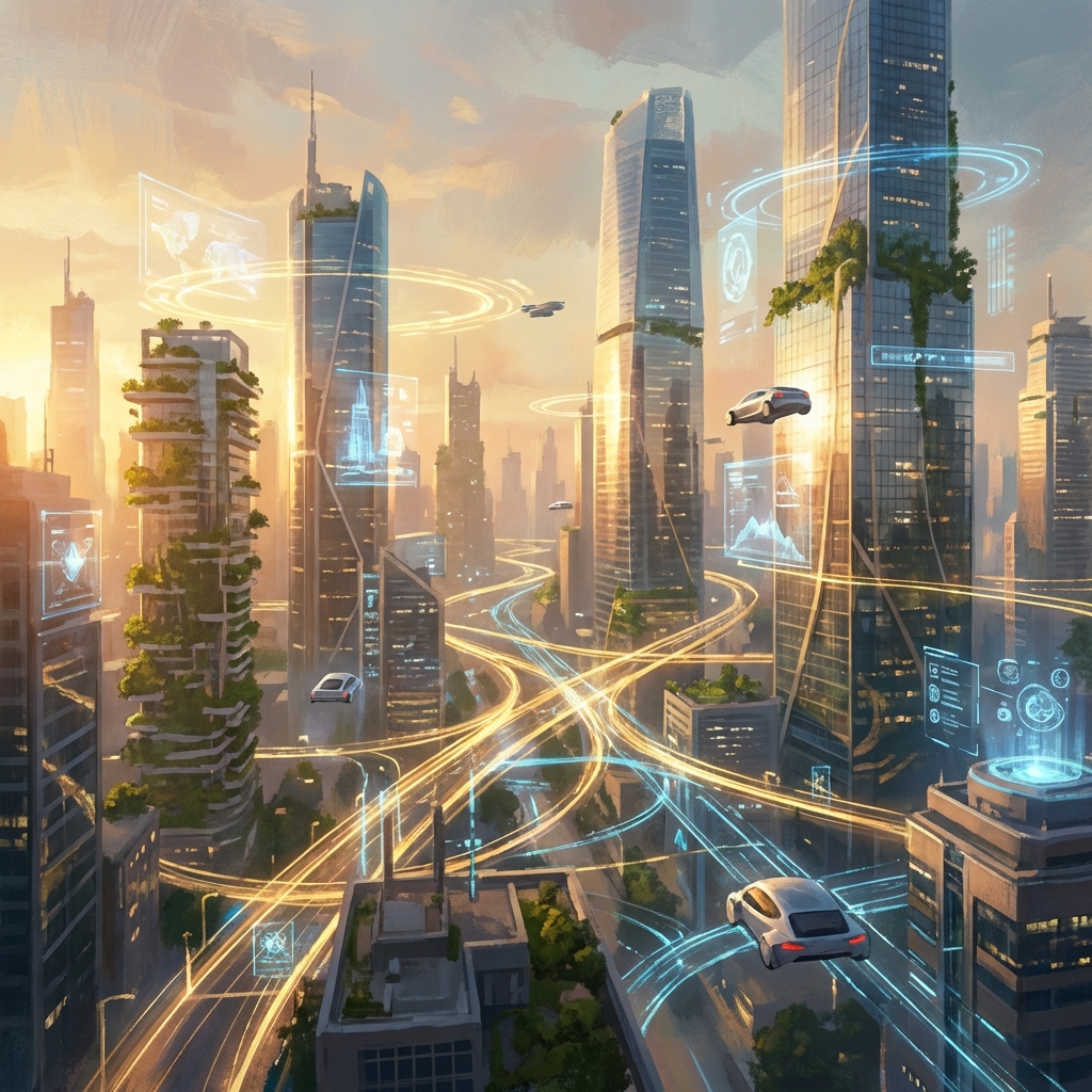 Futuristic city landscape with digital connection lines representing artificial intelligence networking, golden hour lighting, cinematic atmosphere, artistic rendering of smart city technology. 1:1