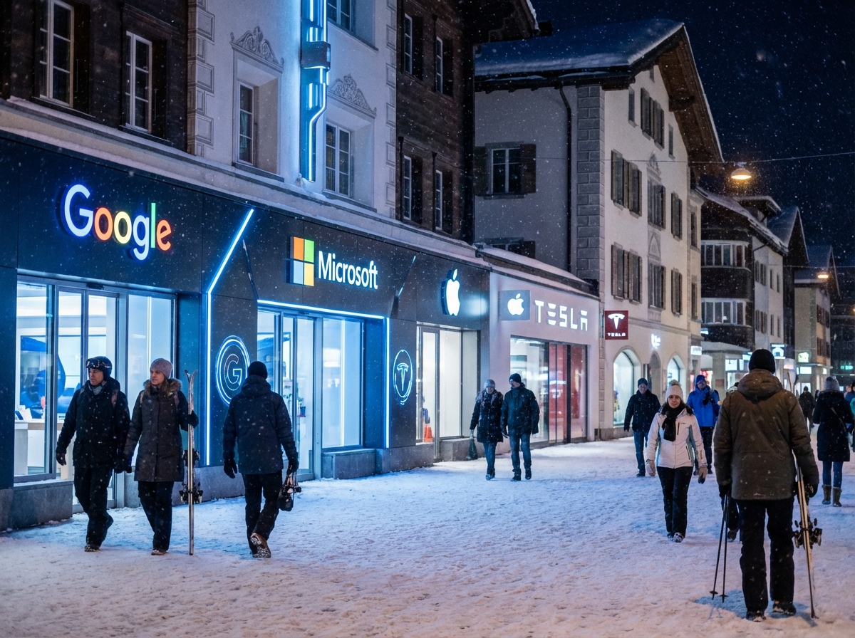 눈 덮인 다보스 거리의 화려한 테크 기업 홍보관