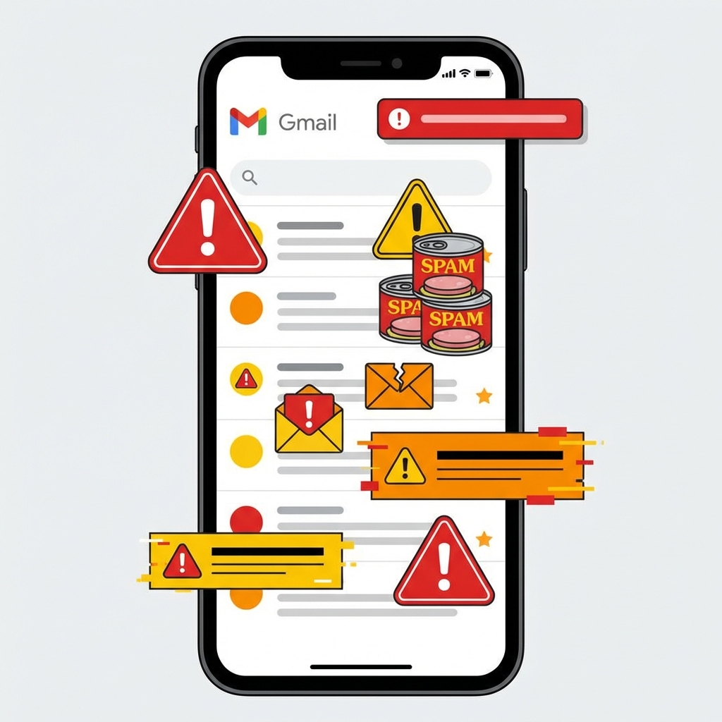 A digital illustration of a smartphone screen showing a Gmail inbox overflowing with warning icons and spam mail symbols, clean modern layout, no text, Gmail spam error theme, 1:1