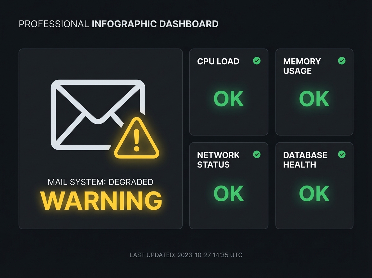 A professional infographic style image showing a system status dashboard with a yellow warning sign on a mail icon, high contrast, clean interface, 4:3