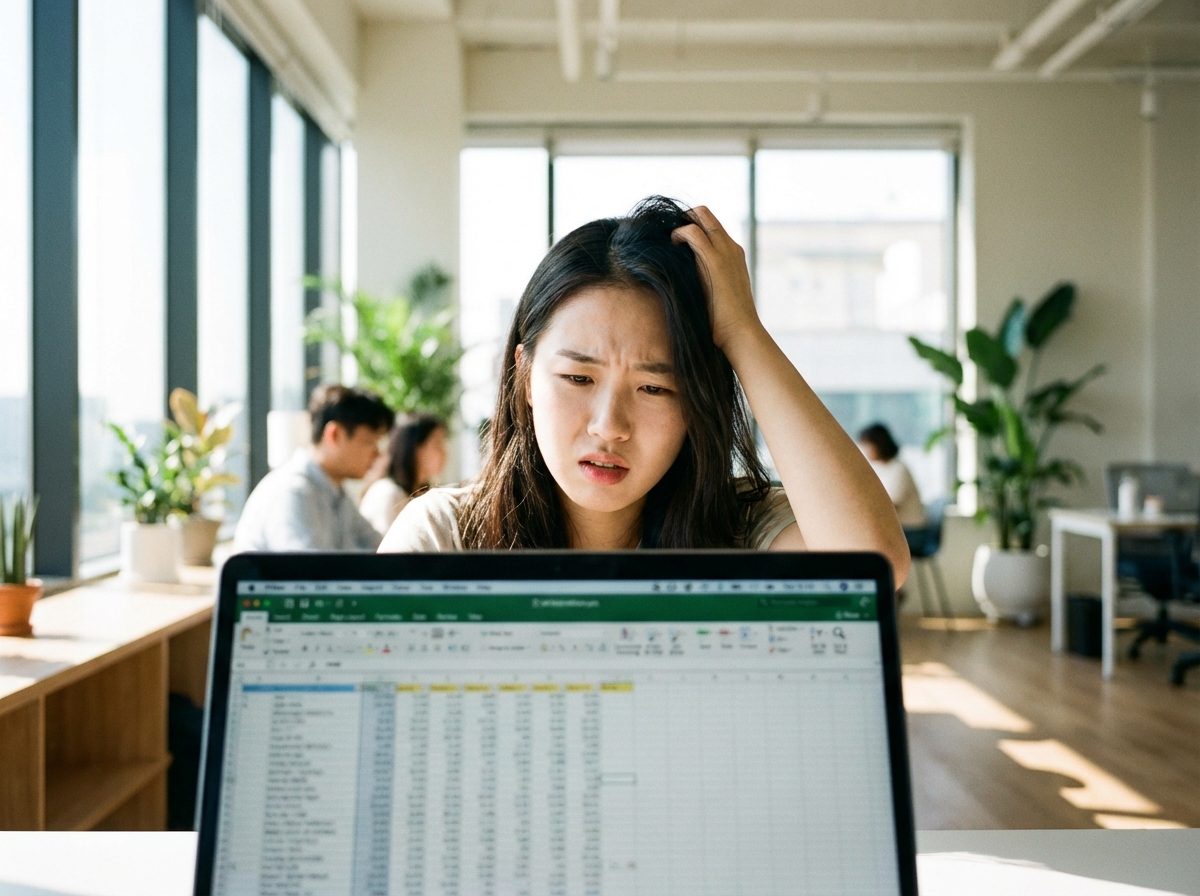 A lifestyle photo of a young Korean person looking confused and frustrated while checking their laptop screen in a bright office, natural lighting, 4:3