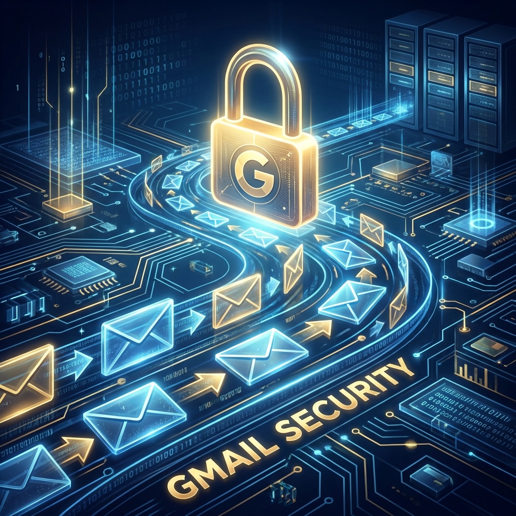 A conceptual digital artwork showing a glowing padlock over a stream of digital envelopes, blue and gold color palette, visually rich background, Gmail security concept, 1:1