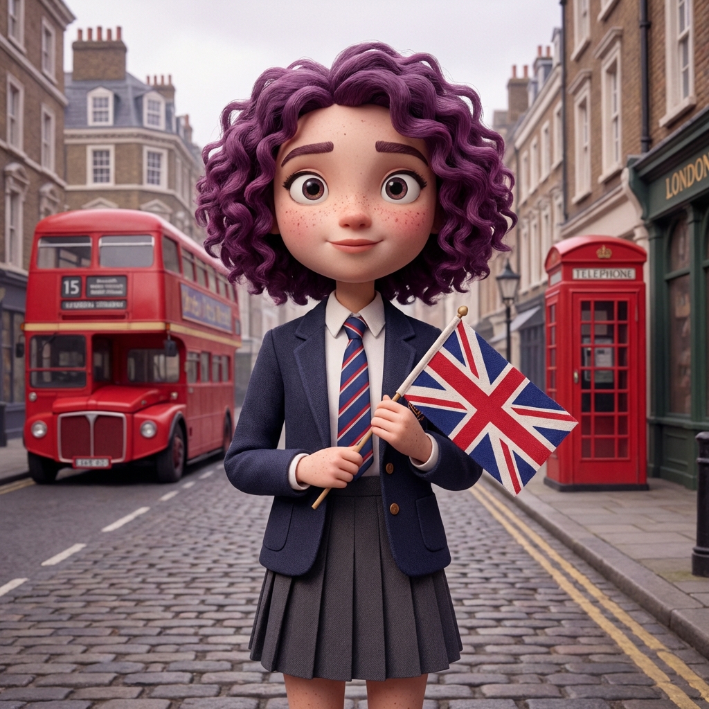 A stylized 3D animation character of a British teenage girl with purple hair wearing a school uniform, holding a small Union Jack flag, standing in a London street, soft lighting, 1:1