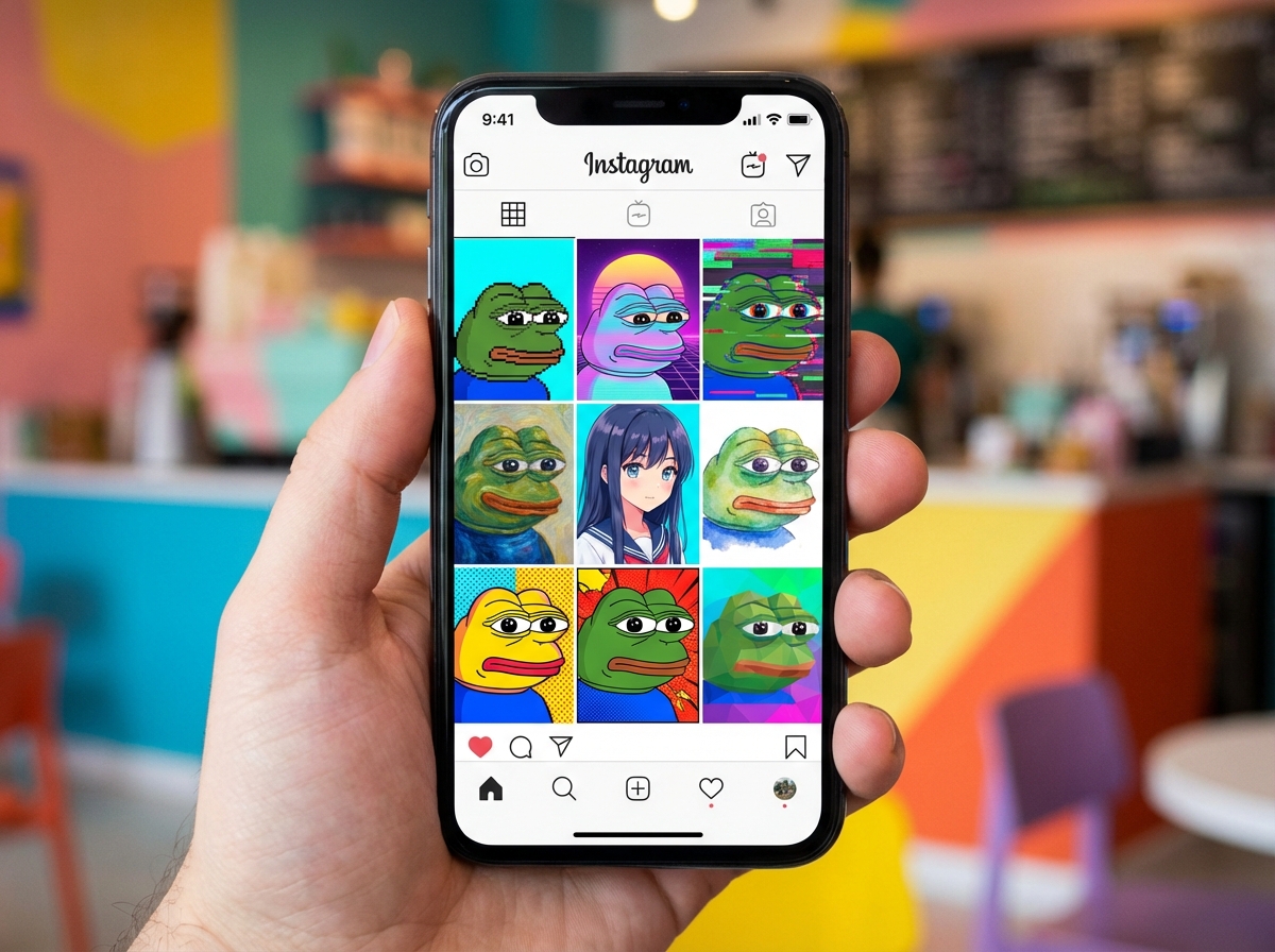 A smartphone screen showing multiple grid-like images of a viral character meme, artistic digital illustration, vibrant colors, 4:3