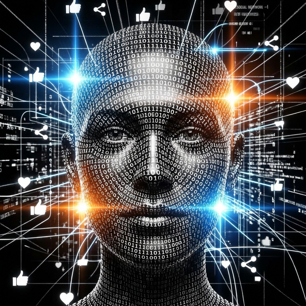 A conceptual digital artwork showing 0s and 1s forming a face, abstract social media network background, high contrast, 1:1