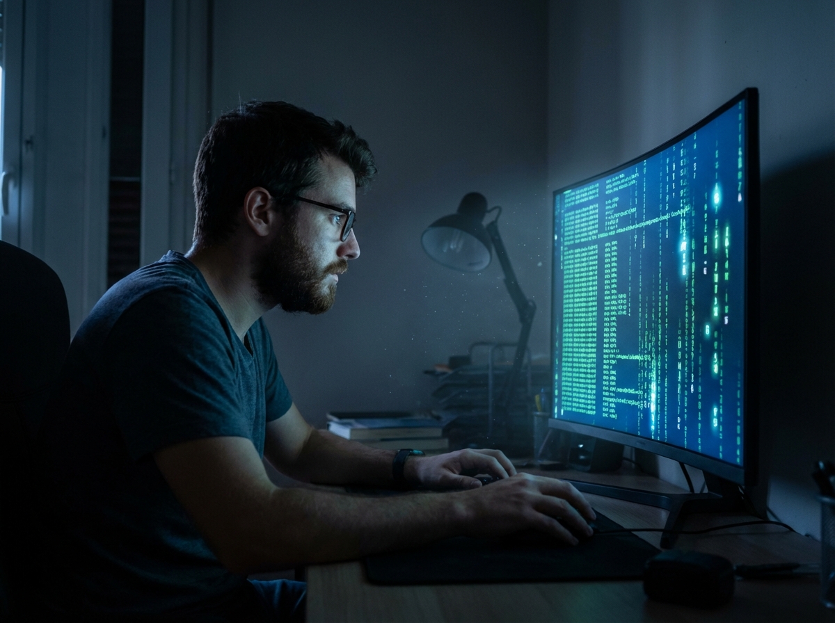 A young man sitting in a dark room illuminated by a computer screen, looking at a screen with digital characters, realistic photography, cinematic lighting, 4:3