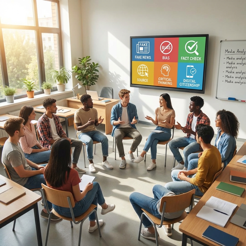 A clean modern classroom with a large screen showing media literacy icons, students discussing, bright natural light, 1:1