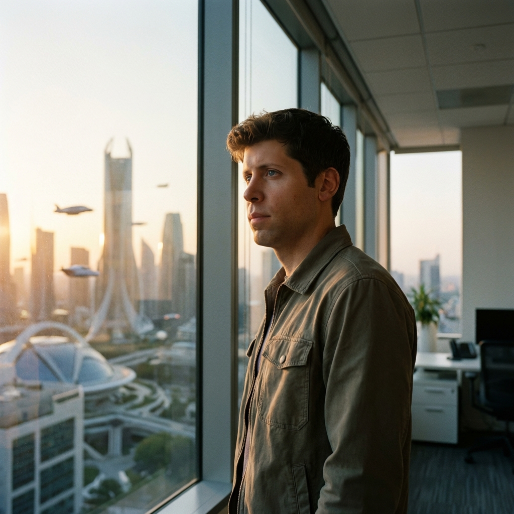 A professional and cinematic portrait of Sam Altman standing in a modern tech office with a large glass window overlooking a futuristic city. The lighting is soft and natural, emphasizing a thoughtful expression. High quality photography style, 1:1. NO KOREAN TEXT.