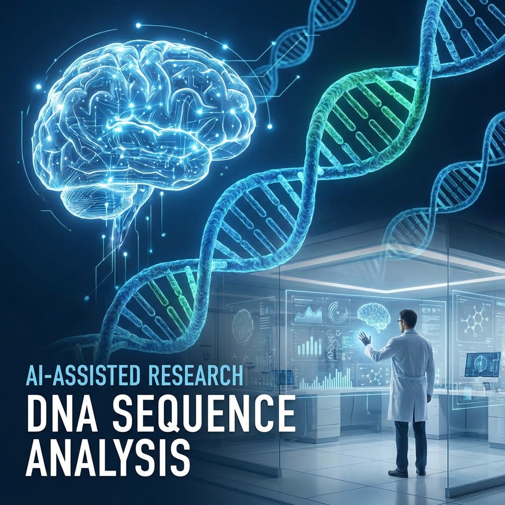 A conceptual illustration of artificial intelligence assisting in medical research, showing a digital brain interface and DNA strands. Bright, high-contrast scientific imagery, professional and sophisticated atmosphere, 1:1. NO KOREAN TEXT.
