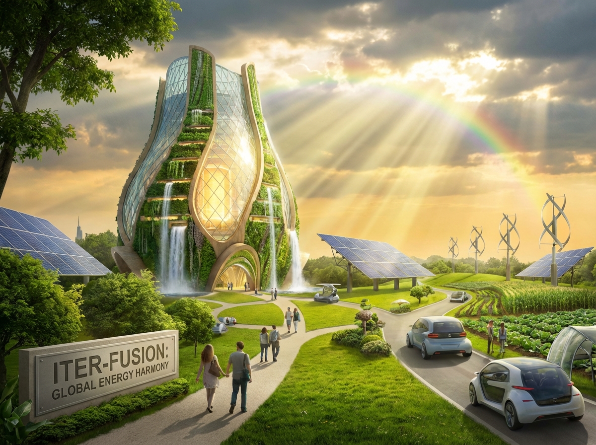 A futuristic representation of a clean energy fusion reactor power plant integrated with a green landscape. Sun rays piercing through clouds, hopeful and bright lighting, detailed composition, 4:3. NO KOREAN TEXT.