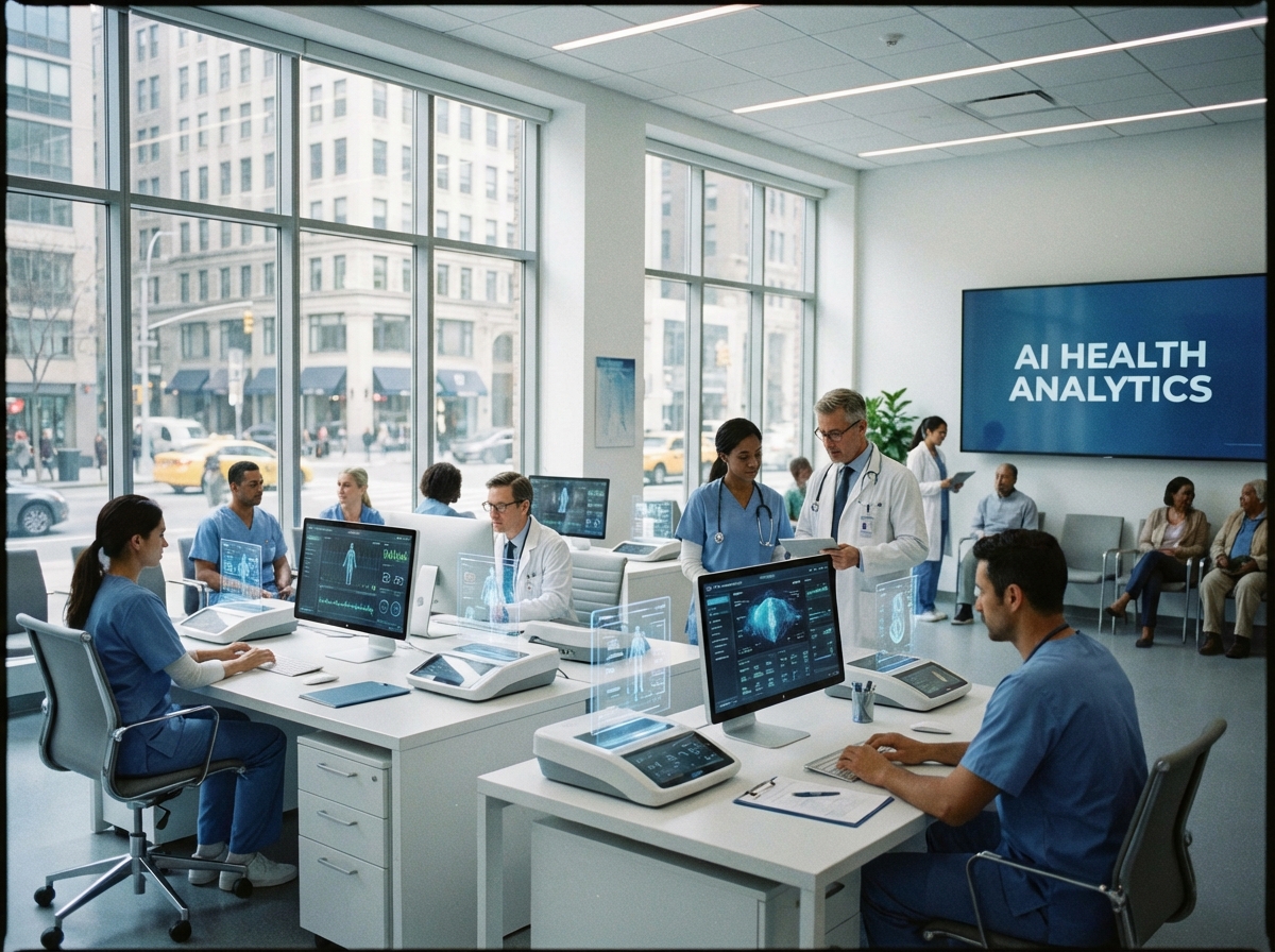 A realistic medical clinic setting in an urban area with modern AI monitoring devices on the desks, medical professionals working, natural daylight, professional atmosphere, 4:3