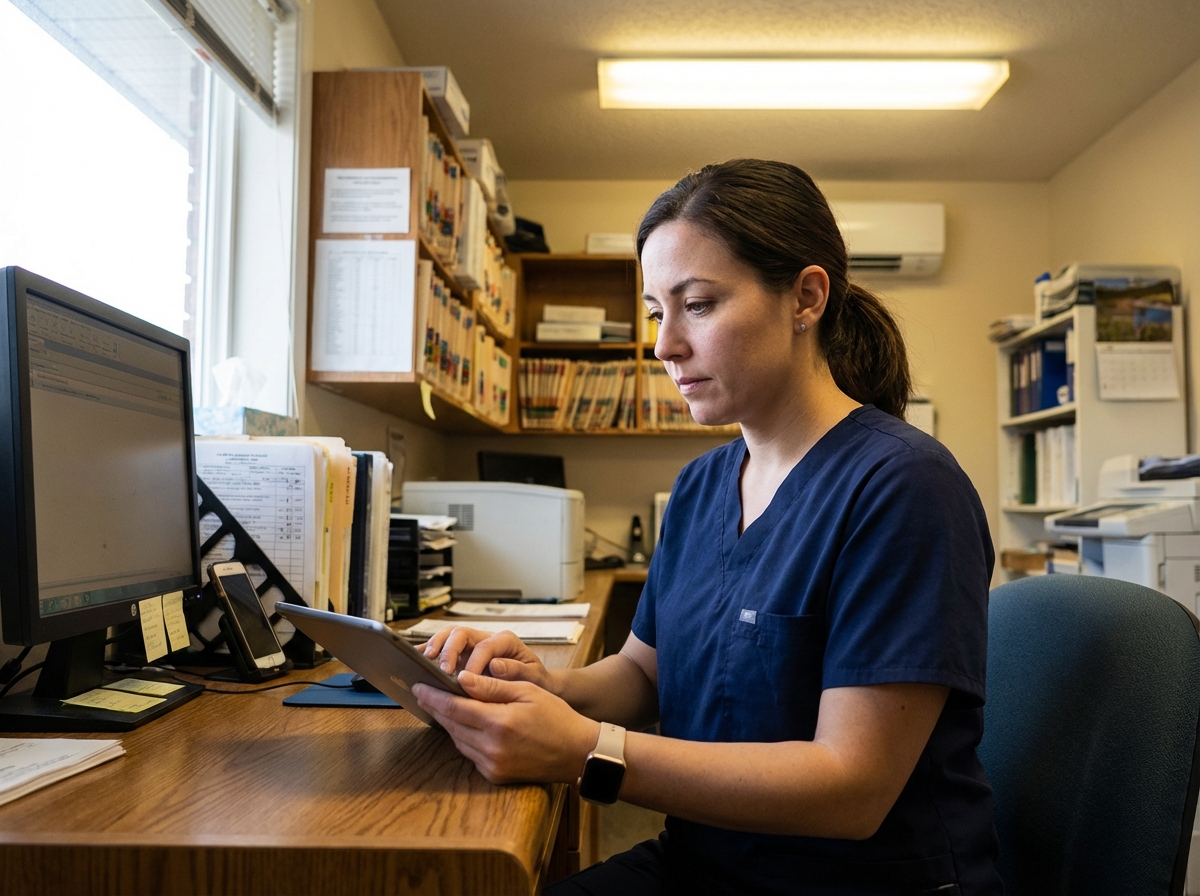 A medical assistant in a small clinic using a tablet and smartphone to record patient data, focused expression, realistic lighting, indoor clinical setting, 4:3