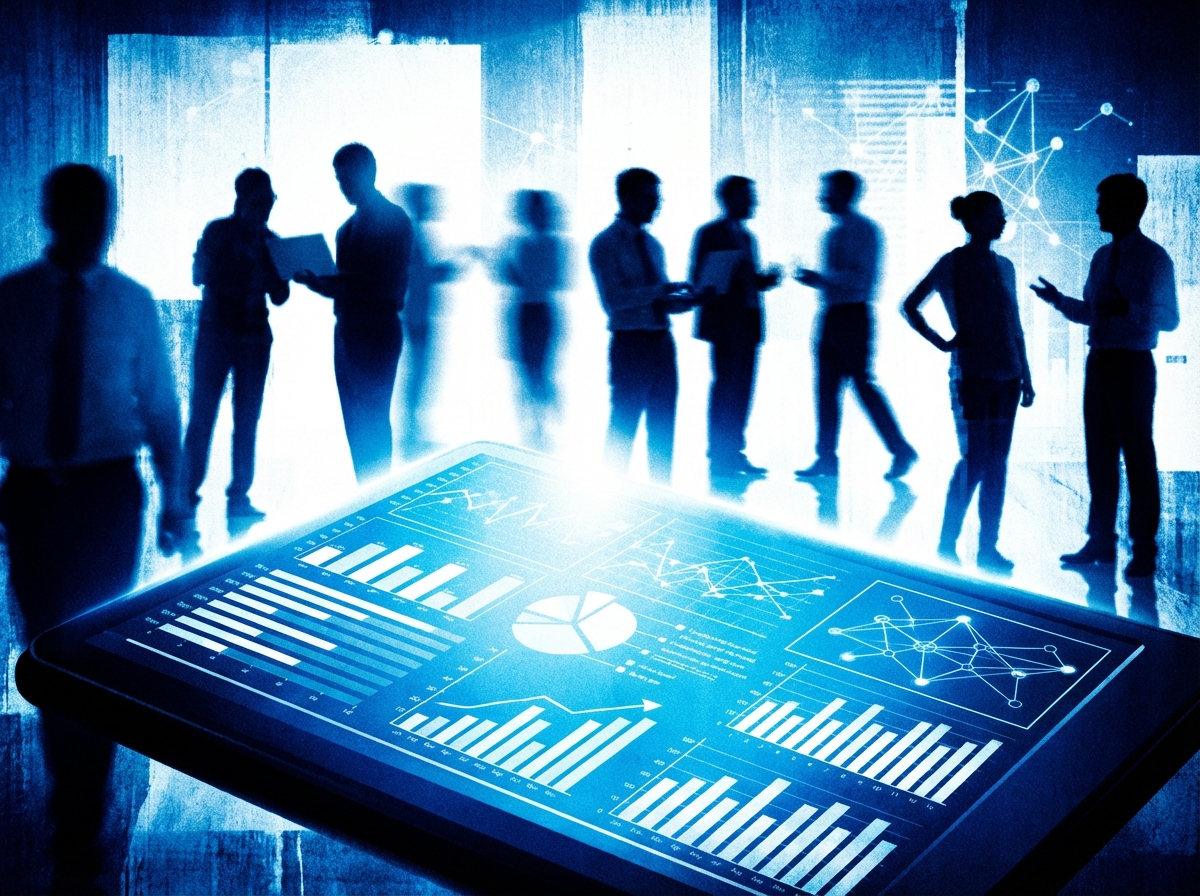 A conceptual illustration of a digital screen showing data analysis results with blurry silhouettes of diverse people in the background, blue and white color palette, high contrast, 4:3