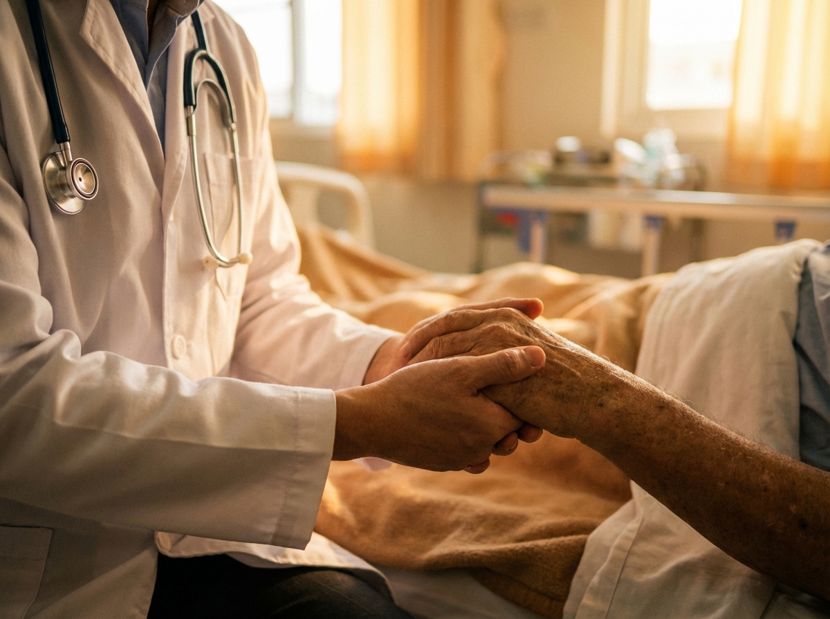 Close up of a doctor in a white coat holding a patient's hand with care, a stethoscope visible, warm and comforting lighting, blurred background, 4:3