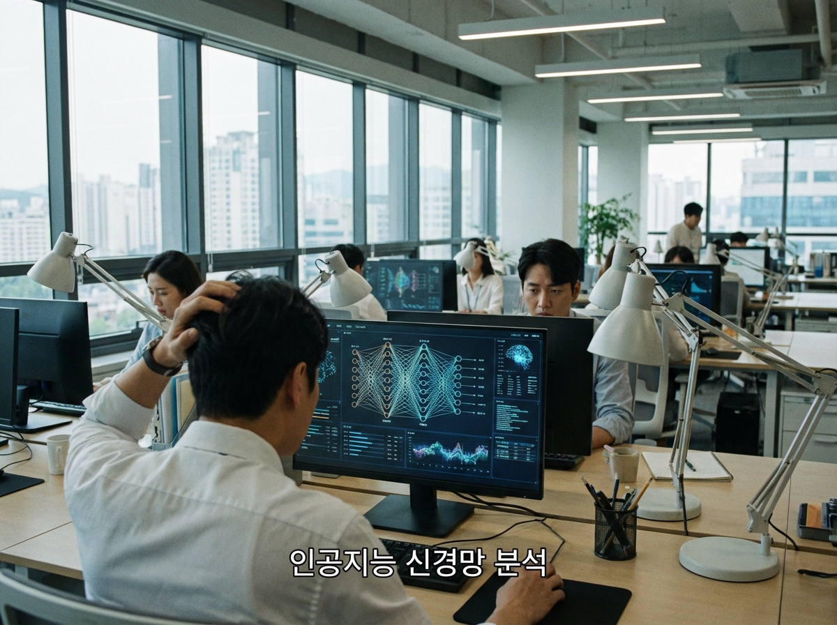 A worried office worker in South Korea looking at a computer screen showing complex AI neural network visualizations, modern office background, cinematic lighting, realistic style, 4:3