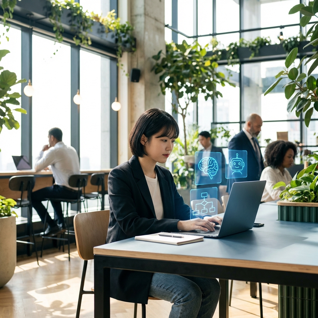 A focused young Korean professional working in a vibrant co-working space using a laptop, digital holographic icons representing AI agents floating near the screen, bright and natural lighting, 1:1