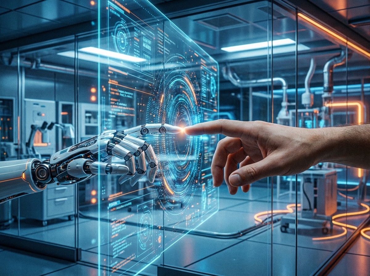 A human hand and a robotic hand reaching towards each other over a translucent glowing digital interface with data points, high tech laboratory background, blue and orange color palette, 4:3